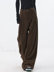 Oversized Corduroy Pleated Trendy Wide Leg Pants Brown / XS Pants