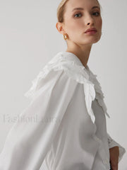 Oversized Lace Collar Trendy Button Ruffle Shirt White / L Shirts
