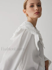 Oversized Lace Collar Trendy Button Ruffle Shirt White / L Shirts