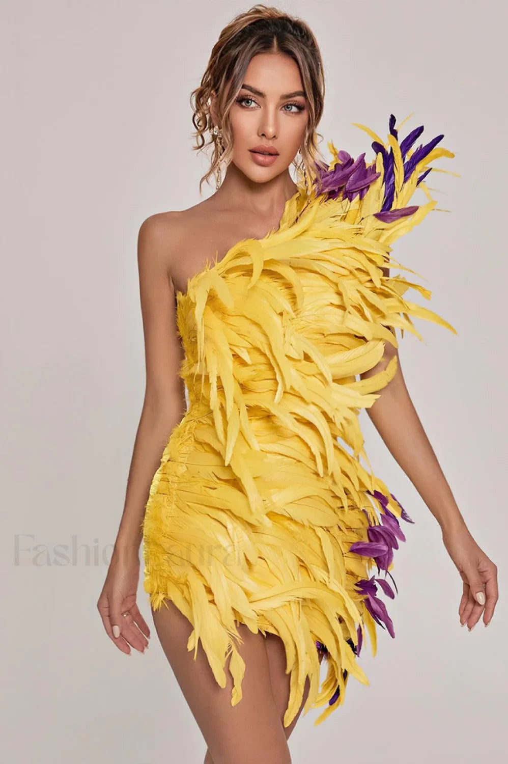Paislee Asymmetric Stylish Feather Mini Dress XS / Yellow