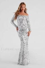 Paityn Formal Off Charming Shoulder Sequin Dress S / Silver