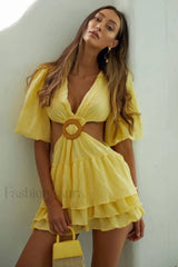 Paloma Puff Stylish Sleeve Mini Dress S / Lemon