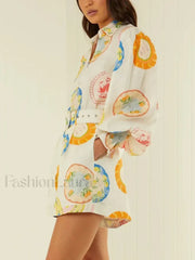 Patchwork Belt Lantern Shorts Two Piece Set Print / S