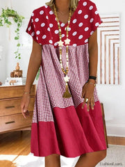 Patchwork Checkered Print Midi Dress Red / S Midi Dresses