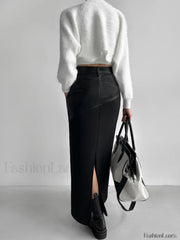 Patchwork Leather High Trendy Waist Maxi Skirt Skirts