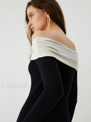Patchwork Off Shoulder Long Modern Sleeve Long Sweater Dress Sweaters L