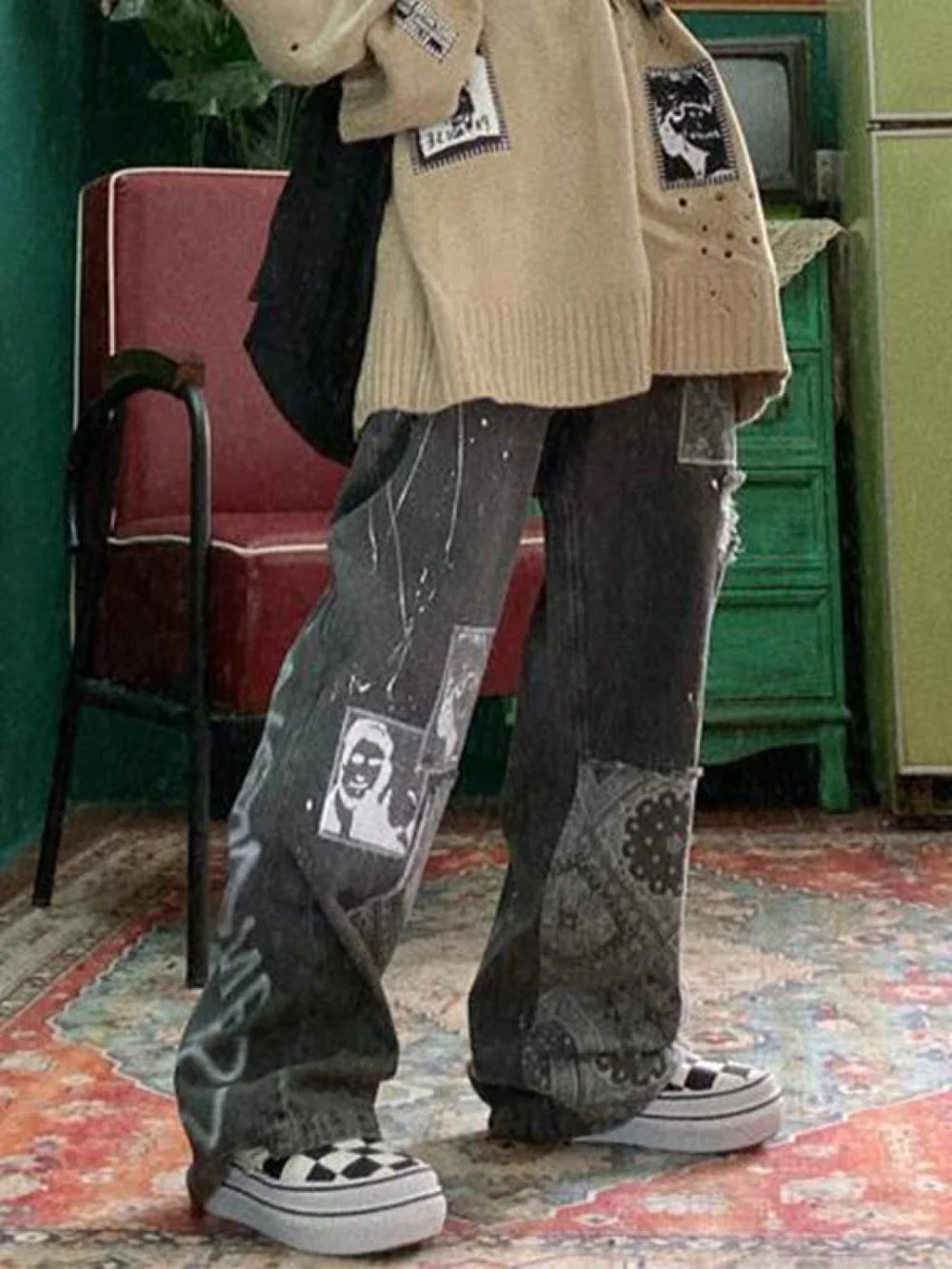 Patchwork Paisley Print Boyfriend Jeans Boyfriend Jeans