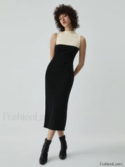 Patchwork Two Tone Mock Modern Neck Midi Sweater Dress Black / S Sweaters L