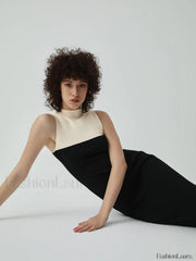 Patchwork Two Tone Mock Modern Neck Midi Sweater Dress Sweaters L