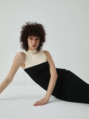 Patchwork Two Tone Mock Modern Neck Midi Sweater Dress Sweaters L