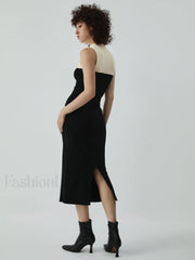 Patchwork Two Tone Mock Modern Neck Midi Sweater Dress Sweaters L