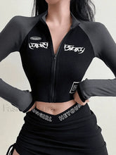 Patchwork Zip Up Long Sleeve Crop Top Black / S Tops&Tees