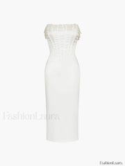 Pearl Decor Graceful Strapless Midi Dress Dresses
