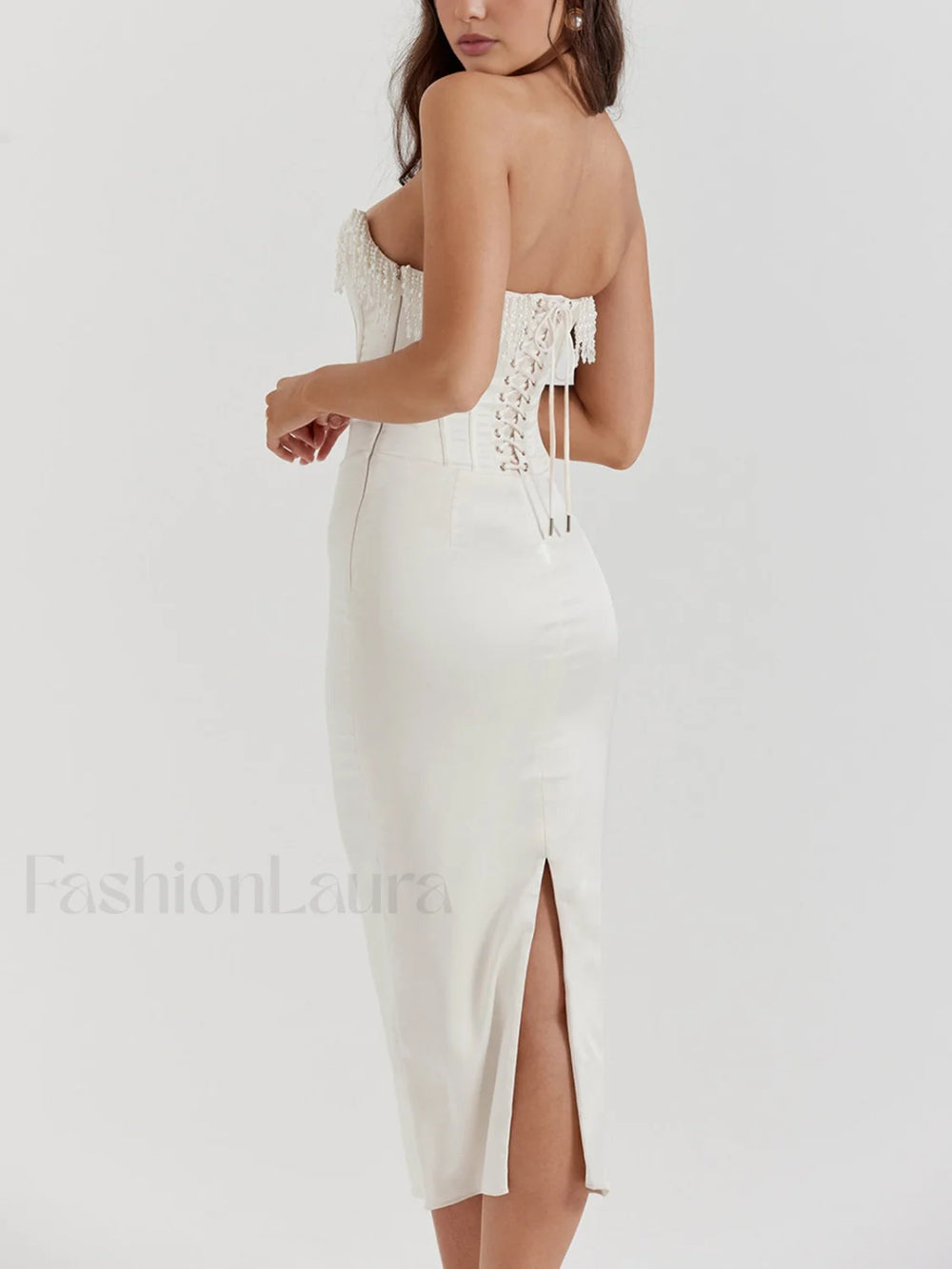 Pearl Decor Graceful Strapless Midi Dress Dresses