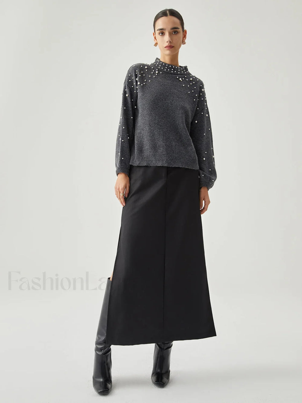 Pearl Embellished Graceful Mock Neck Sweater Sweaters L