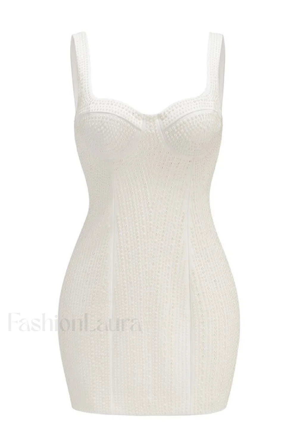 Pearl Studded Stylish White Mini Dress XS / White