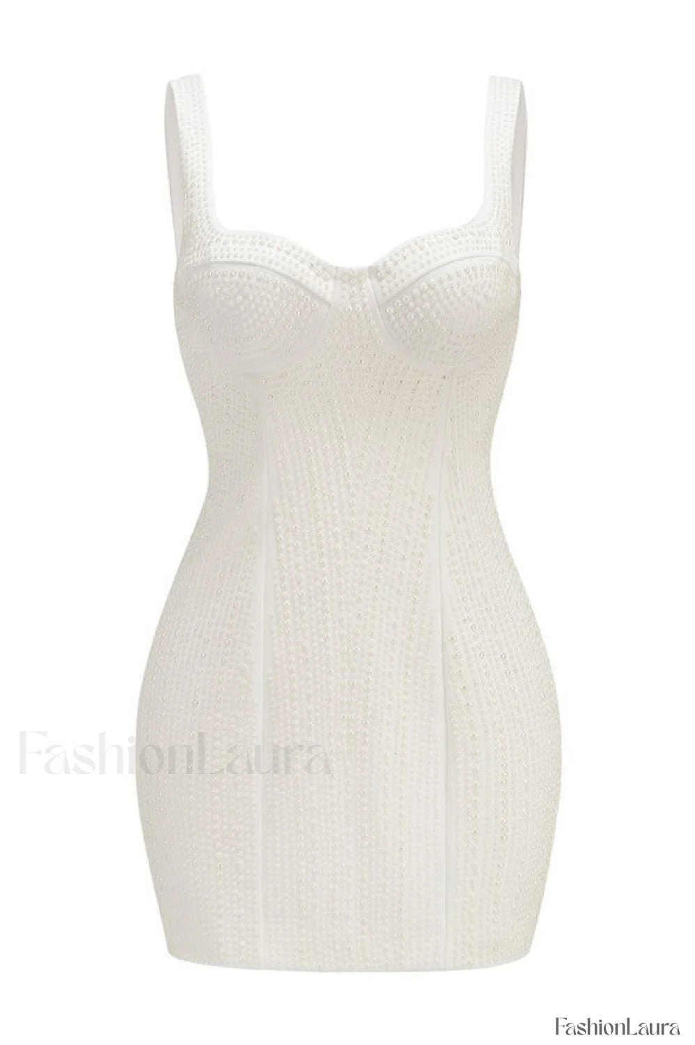 Pearl Studded Stylish White Mini Dress XS / White