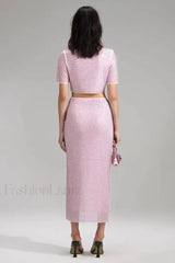 Pink Rhinestone Wrap Charming Midi Skirt Set