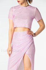 Pink Rhinestone Wrap Charming Midi Skirt Set