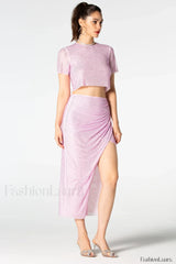 Pink Rhinestone Wrap Charming Midi Skirt Set