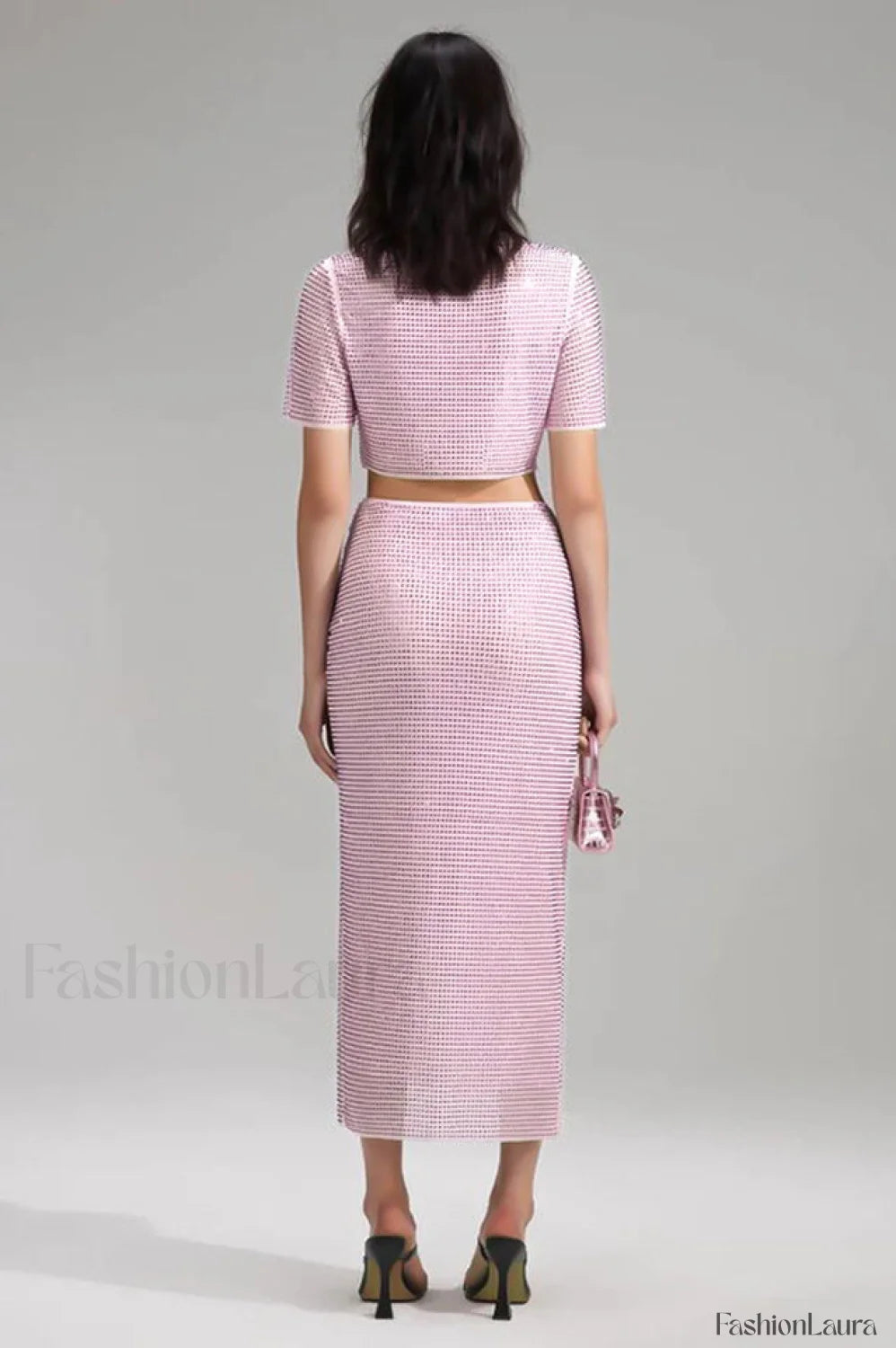 Pink Rhinestone Wrap Charming Midi Skirt Set