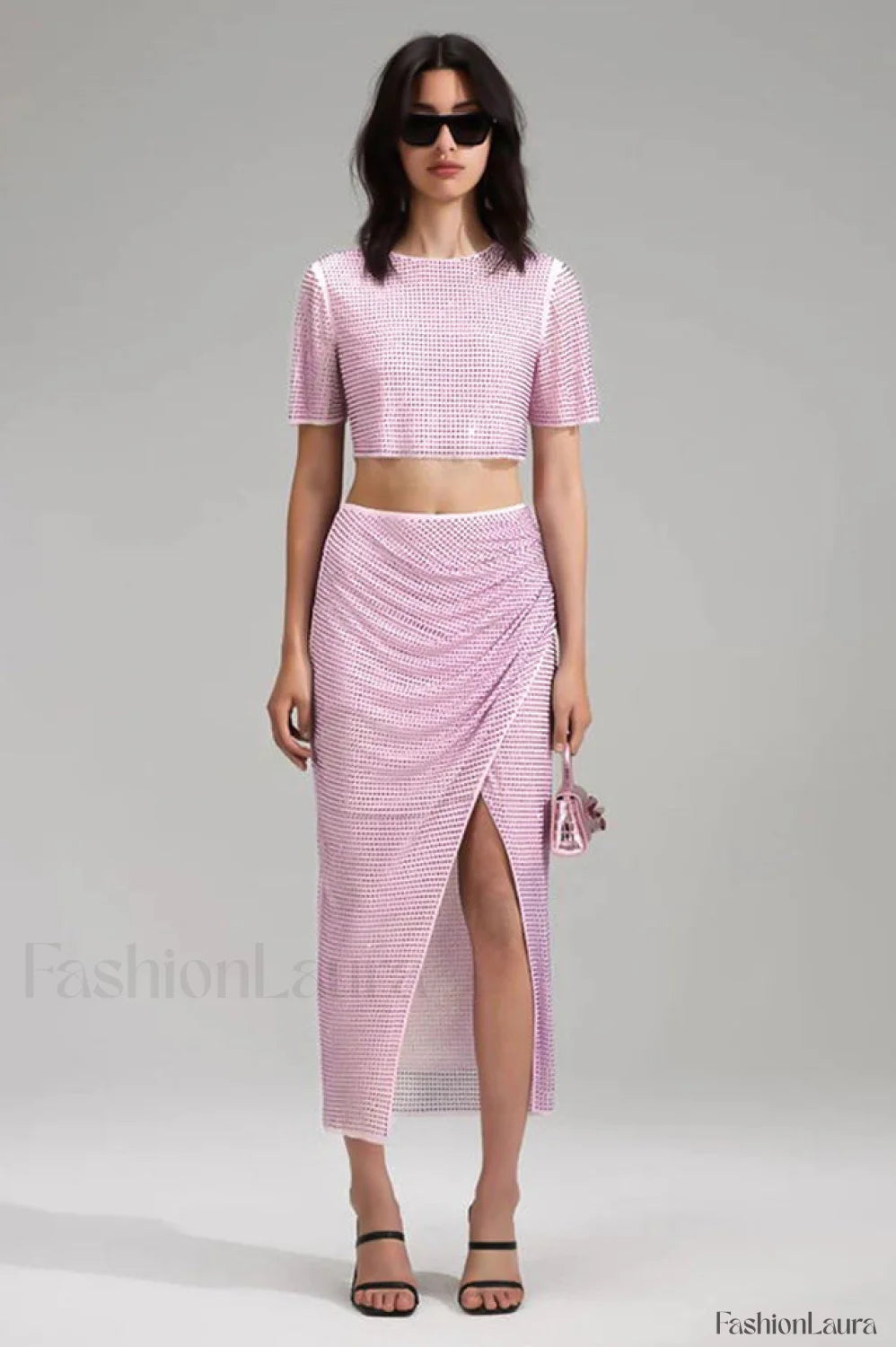 Pink Rhinestone Wrap Charming Midi Skirt Set