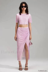 Pink Rhinestone Wrap Charming Midi Skirt Set