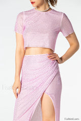 Pink Rhinestone Wrap Charming Midi Skirt Set