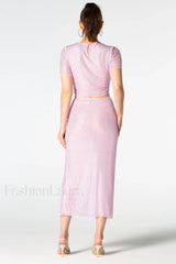 Pink Rhinestone Wrap Charming Midi Skirt Set