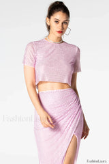 Pink Rhinestone Wrap Charming Midi Skirt Set