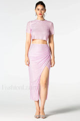 Pink Rhinestone Wrap Charming Midi Skirt Set S / Pink