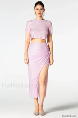 Pink Rhinestone Wrap Charming Midi Skirt Set S / Pink