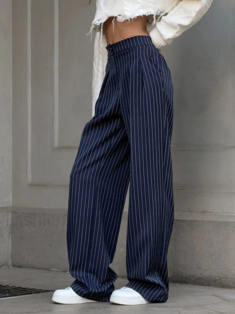 Pinstripe Pleated Wide Trendy Leg Dress Pants Pants