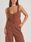 Plaid Button Up Scoop Crop Top Dark Brown / S