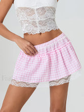 Plaid Lace Patchwork Mini Skirt PINK / S