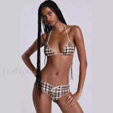 Plaid Lace Up Halter Bikini Set Light Brown / S