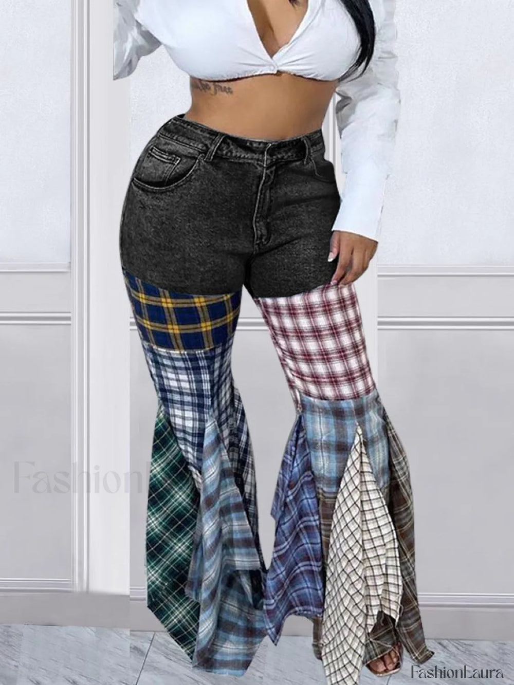 Plaid Patchwork Denim Jeans Jeans