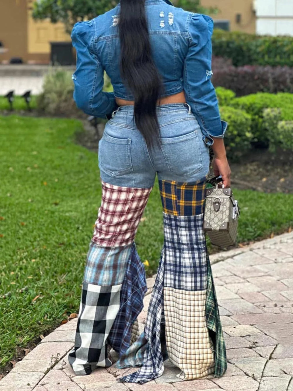 Plaid Patchwork Denim Jeans Jeans