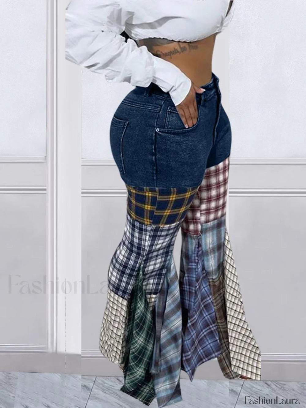 Plaid Patchwork Denim Jeans Jeans