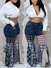 Plaid Patchwork Denim Jeans Navy Blue / S Jeans