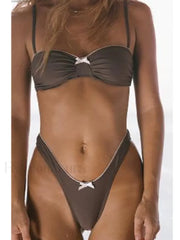 Plaid Ring Tie Brazilian Bikini Set Khaki / S