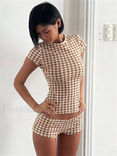Plaid Short Sleeve Shorts Two Piece Set Brown / S
