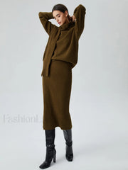 Plain Knit Two Piece Modern Skirt Set with Matching Scarf Mustard / XS Sweaters L