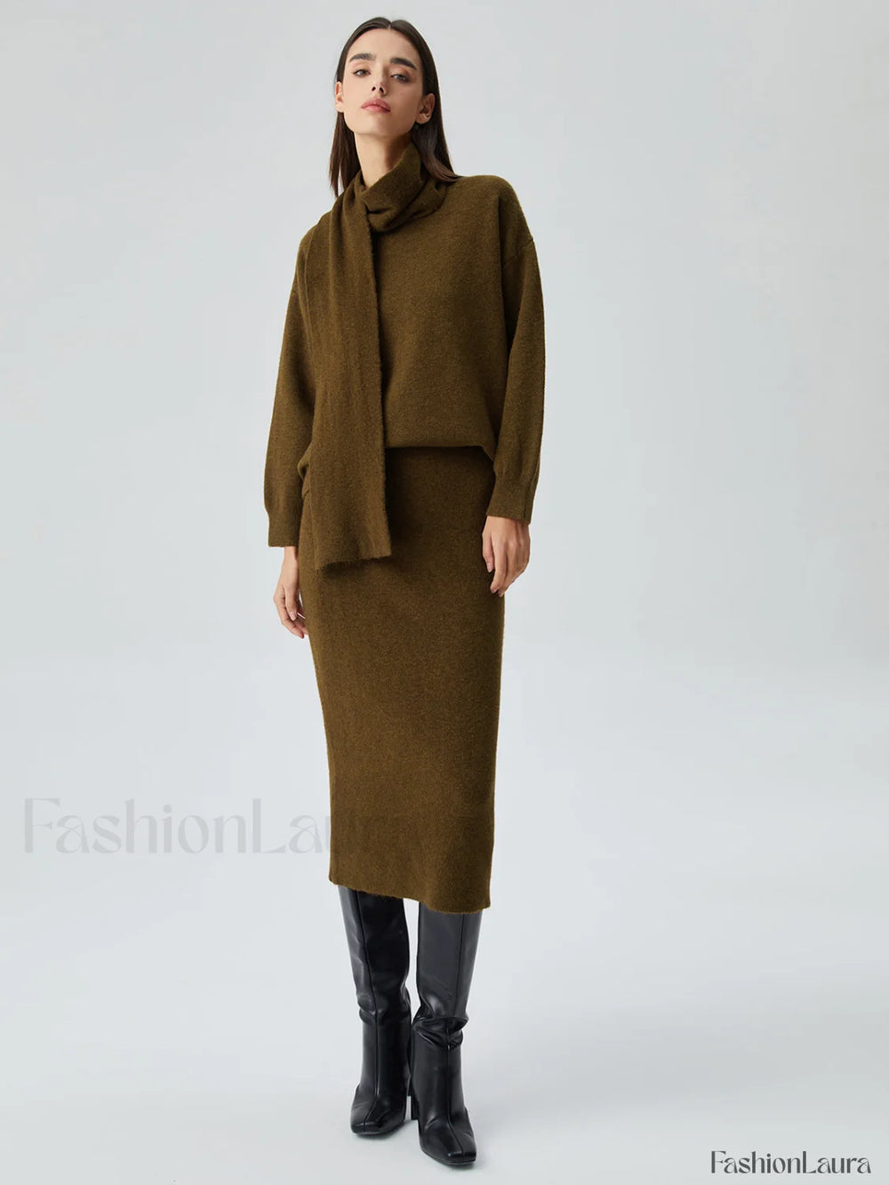 Plain Knit Two Piece Modern Skirt Set with Matching Scarf Sweaters L