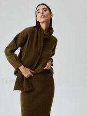 Plain Knit Two Piece Modern Skirt Set with Matching Scarf Sweaters L