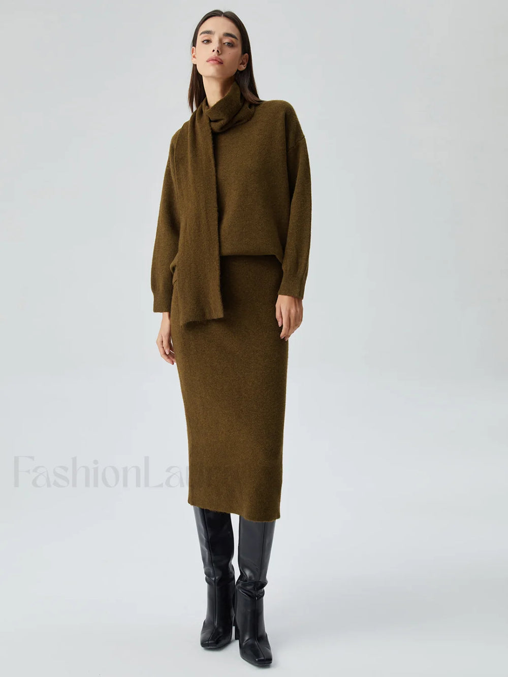 Plain Knit Two Piece Modern Skirt Set with Matching Scarf Sweaters L