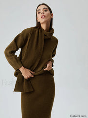 Plain Knit Two Piece Modern Skirt Set with Matching Scarf Sweaters L