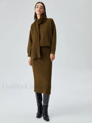 Plain Knit Two Piece Modern Skirt Set with Matching Scarf Sweaters L