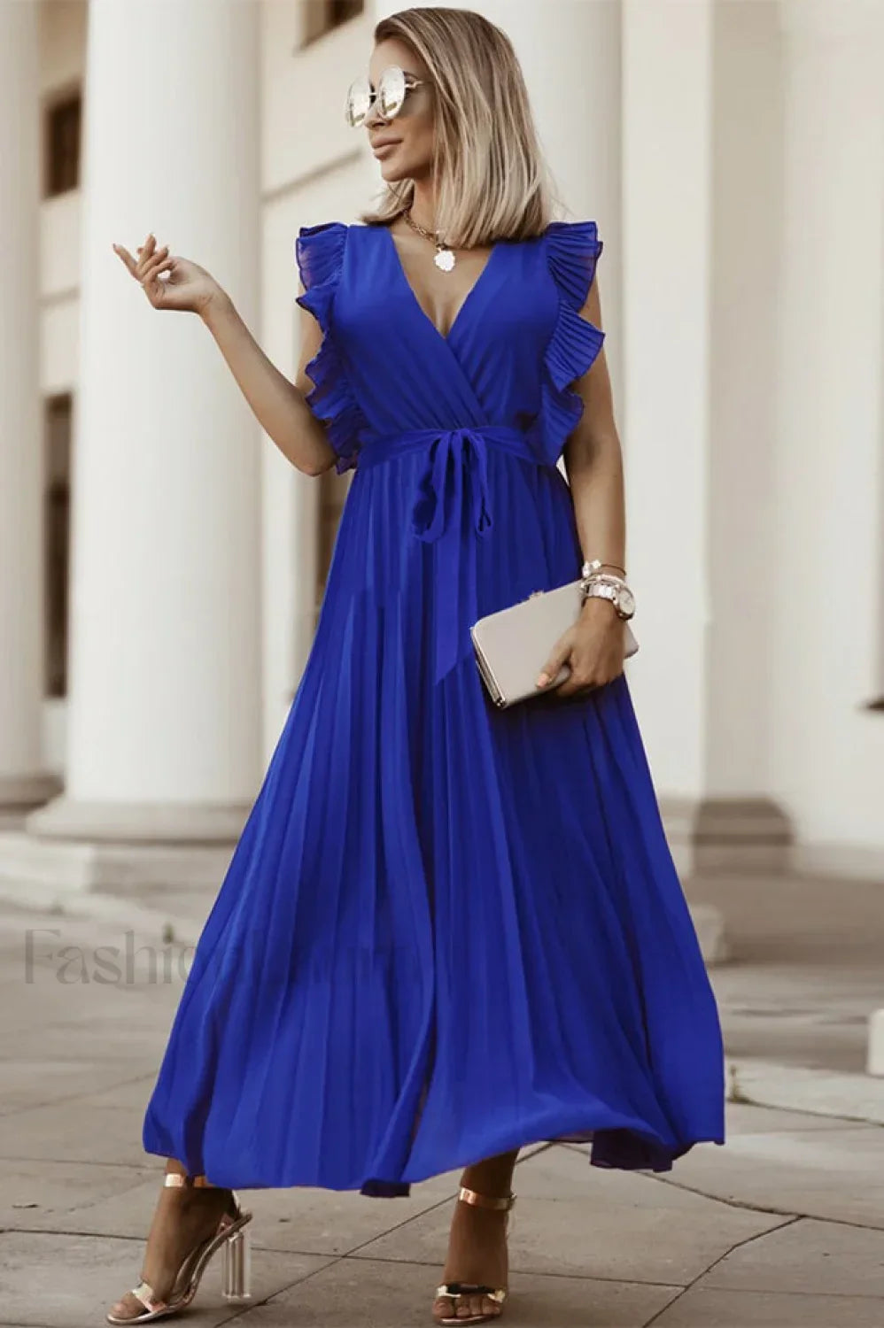Pleated Elegant Maxi Dress S / Blue