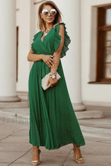 Pleated Elegant Maxi Dress S / Green